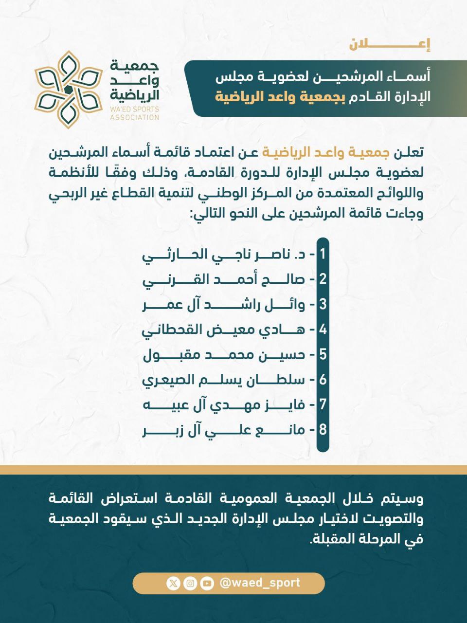 إعلان أسماء المرشحين لعضوية مجلس الإدارة القادم بجمعية واعد الرياضية